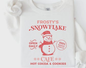 Snowman Cafe Sweatshirt, Hot Cocoa Shirt, Retro Christmas Graphic, Cocoa and Cookies Artwork, Winter Holiday Outfit, Gifts for Her - S68