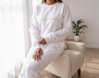 Custom Bride Lounge Set, Personalized Mrs Sweatshirt with Sleeve Date, Wedding Joggers Shorts, Embroidered Bride to Be Gift, Honeymoon Set