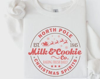 North Pole Sweatshirt, Milk & Cookie Shirt, Cute Santa Sleigh Graphic, Christmas Baking Outfit, Vintage Style Holiday Gift for Her - S66