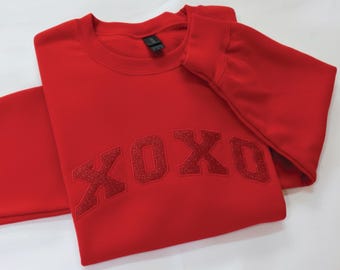 XOXO バレンタイン スウェットシャツ、刺繍グリッター バレンタイン クルーネック、キュート ラブ スウェットシャツ、彼女へのバレンタインギフト