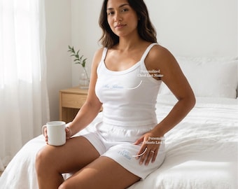 Mrs. Pajama Set, Mrs Tank & Short, Bridal Pjs, Bride Pajamas, Mrs. Set, Bridal Shower Outfit, Engagement Gift for Her, Embroidered