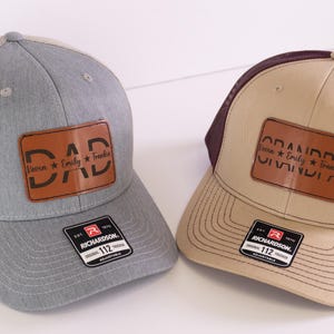 Custom Kids Name Dad Hat, Personalized Dad Gift, Leather Patch Hat, Dad and Kids Trucker Hat, Dad Hat, Fathers Day Hat, Grandpa Hat Gift