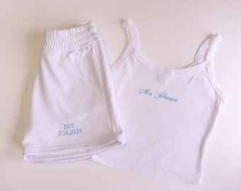 Mrs. Pajama Set, Mrs Tank & Short, Bridal Pjs, Bride Pajamas, Mrs. Set, Bridal Shower Outfit, Engagement Gift for Her, Embroidered