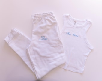 Custom Embroidered Bride Lounge Set, Personalized Mrs Tank Joggers, Future Mrs Gift, Honeymoon Outfit, Wifey Pajamas, Wedding Sweats, Shorts