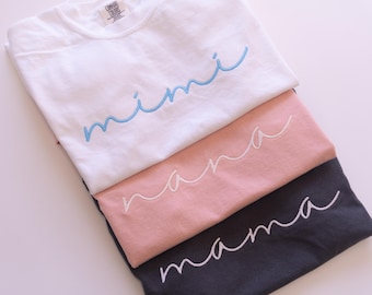 Custom Mama Embroidered Comfort Colors Shirt, Personalized Mimi Nana T-Shirt, Grandma Gift, Embroidered Flower Sleeve, Mother's Day Tee