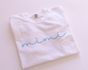 Custom Mama Embroidered Comfort Colors Shirt, Personalized Mimi Nana T-Shirt, Grandma Gift, Embroidered Flower Sleeve, Mother's Day Tee
