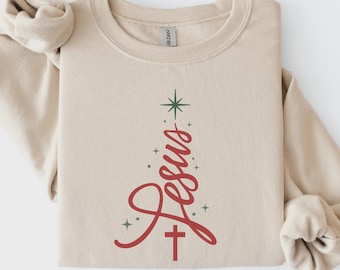 Jesus Christmas Sweatshirt, Christian Tree Shirt, Red Script Cross and Green Star Graphic, Minimalist Faith Outfit, Religious Gift -S61
