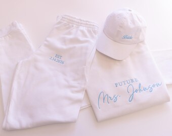 Custom Future Mrs Sweatshirt and Joggers Set, Personalized Bride Lounge Set, Engagement Gift for Her, Custom Wedding Crewneck, Shorts