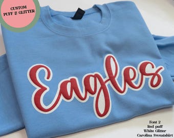 Spersonalizowany sweter z bufiastymi rękawami i brokatem z nazwą drużyny, spersonalizowana bluza, wytłoczona bluza z maskotką szkolnego ducha, spersonalizowane logo, prezent świąteczny