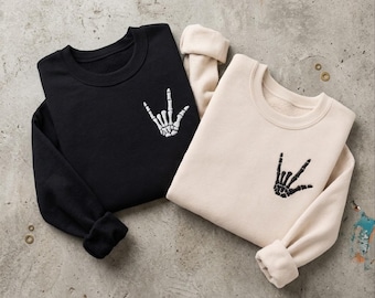 Bluza z nadrukiem Rock On Skeleton Hand, haftowany gotycki okrągły dekolt, minimalistyczny sweter ze szkieletem, modny sweter w stylu streetwear, prezent dla niej, grunge