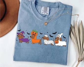 Vintage Shirt Comfort Colors Dachshund Halloween Hot Dog Tee, Wiener Dog Tee, Funny Sausage Dog T-Shirt, Striped Shirt Dog Lover Gift.
