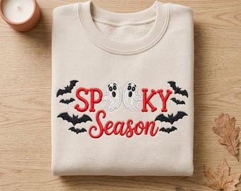 Bluza z nadrukiem "Spooky Season", retro haftowany okrągły dekolt na Halloween, bluza z nadrukiem "Ghost Bat", jesienny sweter w stylu vintage, prezent na Halloween dla niej, dla kobiet