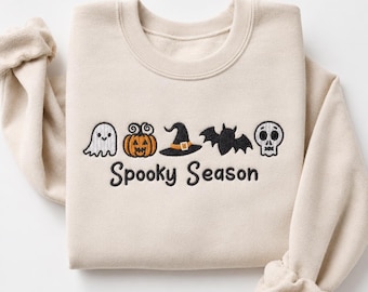 Bluza z nadrukiem "Spooky Season", uroczy haftowany okrągły dekolt na Halloween, duch dyni i nietoperz, bluza jesienna, prezent na Halloween dla niej, nauczycielki