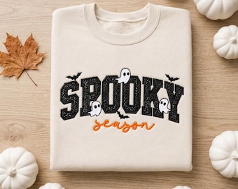 Bluza z haftem "Spooky Season", bluza z okrągłym dekoltem "Halloween Ghost Chenille", urocza bluza jesienna damska, bluza z haftem "Halloween Ghost", koszula z motywem ducha