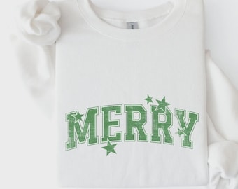 Merry Sweatshirt, Christmas Shirt, Green Varsity Lettering and Stars, Vintage Inspired Holiday Party Outfit, Festive Gifts for Her - S46