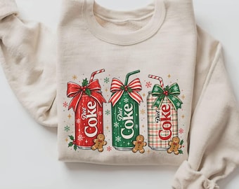 Christmas Soda Sweatshirt, Festive Bow Shirt, Gingerbread and Plaid Can Graphic, Coquette Holiday Party Style, Gift for Soda Lover - S41