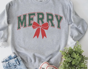 Merry Bow Sweatshirt, Christmas Shirt, Green Varsity Lettering and Red Ribbon Graphic, Coquette Holiday Party Outfit, Gift for Her -S54