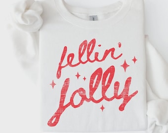 Jolly Christmas Sweatshirt, Red Script Holiday Shirt, Sparkle Star Graphic, Vintage Inspired Festive Style, Christmas Gift for Her -S44