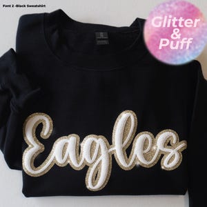 Suéter personalizado con nombre de equipo, suéter con nombre de equipo y brillo, sudadera con mascota escolar en relieve, camiseta con espíritu escolar, mamá de fútbol