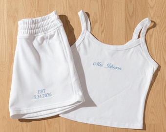 Mrs. Pajama Set, Mrs Tank & Short, Bridal Pjs, Bride Pajamas, Mrs. Set, Bridal Shower Outfit, Engagement Gift for Her, Embroidered