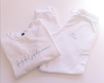 Custom Bride Lounge Set, Personalized Mrs Sweatshirt with Sleeve Date, Wedding Joggers Shorts, Embroidered Bride to Be Gift, Honeymoon Set