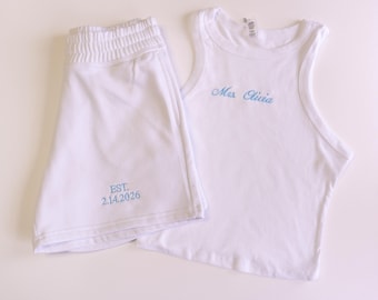 Mrs. Pajama Set, Mrs Tank & Short, Bridal Pjs, Bride Pajamas, Mrs. Set, Bridal Shower Outfit, Engagement Gift for Her, Embroidered