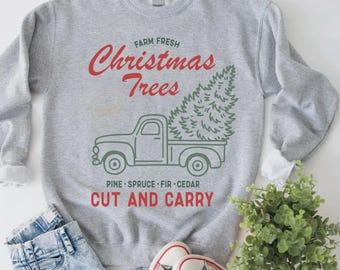 Christmas Tree Truck Sweatshirt, Farm Fresh Christmas Trees Shirt, Retro Style Pickup Graphic, Rustic Holiday Outfit, Gift for Her - S57