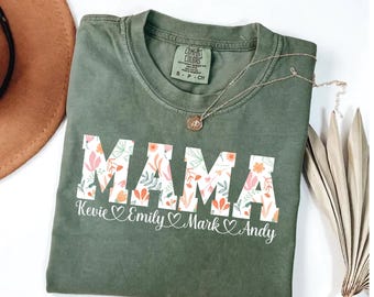 Camiseta de mamá con colores cómodos, camiseta de mamá personalizada, camiseta de mamá floral con nombres de niños, camiseta de mamá, regalo de mamá personalizado para mamá, regalo del Día de la Madre
