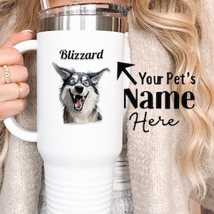 Custom 40oz Insulated Travel Mug - Funny Dog Illustration with Personalized Pet Name - Unique Gift for Dog Lovers