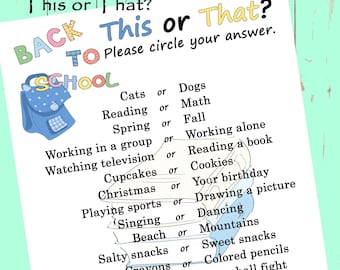 Back to School This or That Game Printable Worksheet, First Day of School Classroom Worksheet Template, Know Your Class Game - Digital File