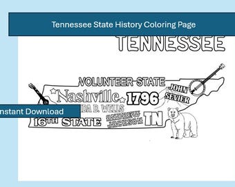 Tennessee State History Coloring Page - State History Worksheet - Tennessee History - Grade School Worksheet - Instant Download
