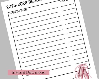 Classroom Reading Log - Ballet Printable Reading Log - Printable Book List - Classroom Printable Worksheet - Digital Download