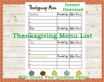 Menu del Ringraziamento stampabile, Lista di controllo del menu del Ringraziamento senza glutine, Tracker dell'elenco degli alimenti del Ringraziamento, Download digitale del Ringraziamento