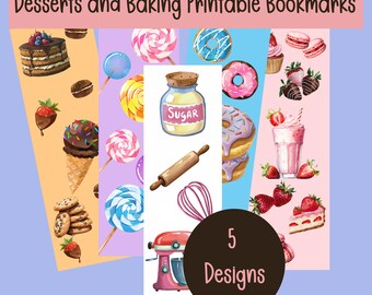 Dessert Printable Bookmarks - Baking Bookmarks - Foodie Bookmarks - Sweet Treats Bookmarks -  5 Designs- Digital Download