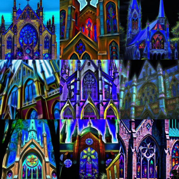 Gothic Churches, A.I., Digital, Printable, Photorealism, Gothic A.I. Photos for Use, Adobe, Design, NightCafe Studios, Merch, 5 Pack, Set 1