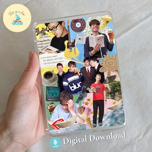 Puede incluir: Una funda transparente para tableta o teléfono con un collage del grupo Blur, que incluye fotos de los miembros, una guitarra eléctrica amarilla, una taza de café, una paloma, un helado, un barco de papel y el texto So how about music? NO MUSIC, NO LIFE.