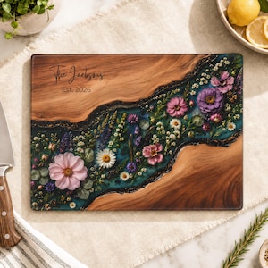 Wildblumen Glas Schneidebrett, Benutzerdefinierte Harz Kunst Holz Charcuterie Brett, Gepresste Blume Küchendekor, Cottagecore Housewarming Geschenk für Sie