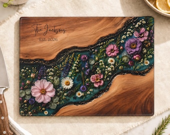 Wildblumen Glas Schneidebrett, Benutzerdefinierte Harz Kunst Holz Charcuterie Brett, Gepresste Blume Küchendekor, Cottagecore Housewarming Geschenk für Sie