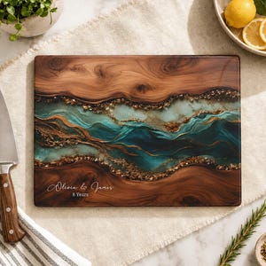 Regalo de 8.º aniversario, tabla de cortar de vidrio estilo epoxi personalizada, regalo tradicional de 8.º aniversario para él o ella, regalo de bronce de 8 años