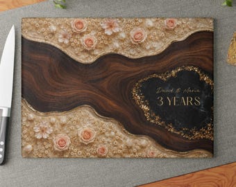 Jubiläumsgeschenk, personalisierte Geode Schneidebrett, gehärtetes Glas im Blumenholz-Stil, Glas-Jubiläums-Paar-Andenken