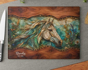 Personalized Horse Cutting Board, Stained Glass Horse Glass Cutting Board, Horse Lovers Gifts, Rustic Charcuterie Board, Equestrian Gift