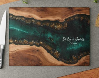 Harz Schneidebrett, Holz Geode Glasbrett, personalisierte Paar Name Servierbrett, Jahrestag Hochzeit Housewarming Geschenk