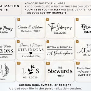 May include: A grid of twelve white rectangular labels featuring black text and graphic designs for personalization. Each label displays unique typography, names, dates, and symbols such as hearts, leaves, and laurel wreaths, numbered one through twelve.