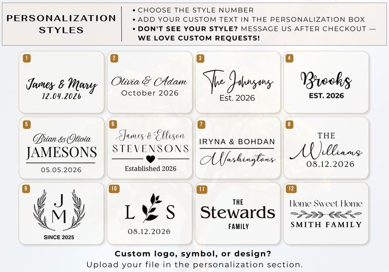 May include: A grid of twelve white rectangular labels featuring black text and graphic designs for personalization. Each label displays unique typography, names, dates, and symbols such as hearts, leaves, and laurel wreaths, numbered one through twelve.