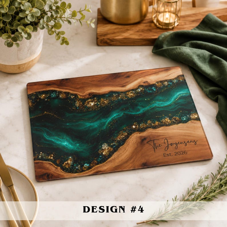 May include: A rectangular wooden serving board featuring a central river-like inlay of swirling dark green and teal resin with embedded gold flakes. The board is engraved with the text The Jorgenzens Est. 2026 in a black script and print font.