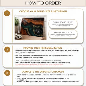 May include: An instructional graphic titled HOW TO ORDER with three steps. It displays a rectangular wooden board with a dark green resin inlay, personalized with the text James & Olivia ADAMSONS 08.06.2024, and lists board sizes 8x11 inches and 11x15 inches.