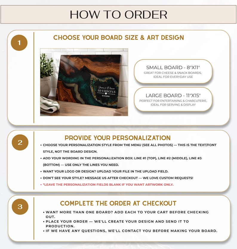May include: An instructional graphic titled HOW TO ORDER with three steps. It displays a rectangular wooden board with a dark green resin inlay, personalized with the text James & Olivia ADAMSONS 08.06.2024, and lists board sizes 8x11 inches and 11x15 inches.