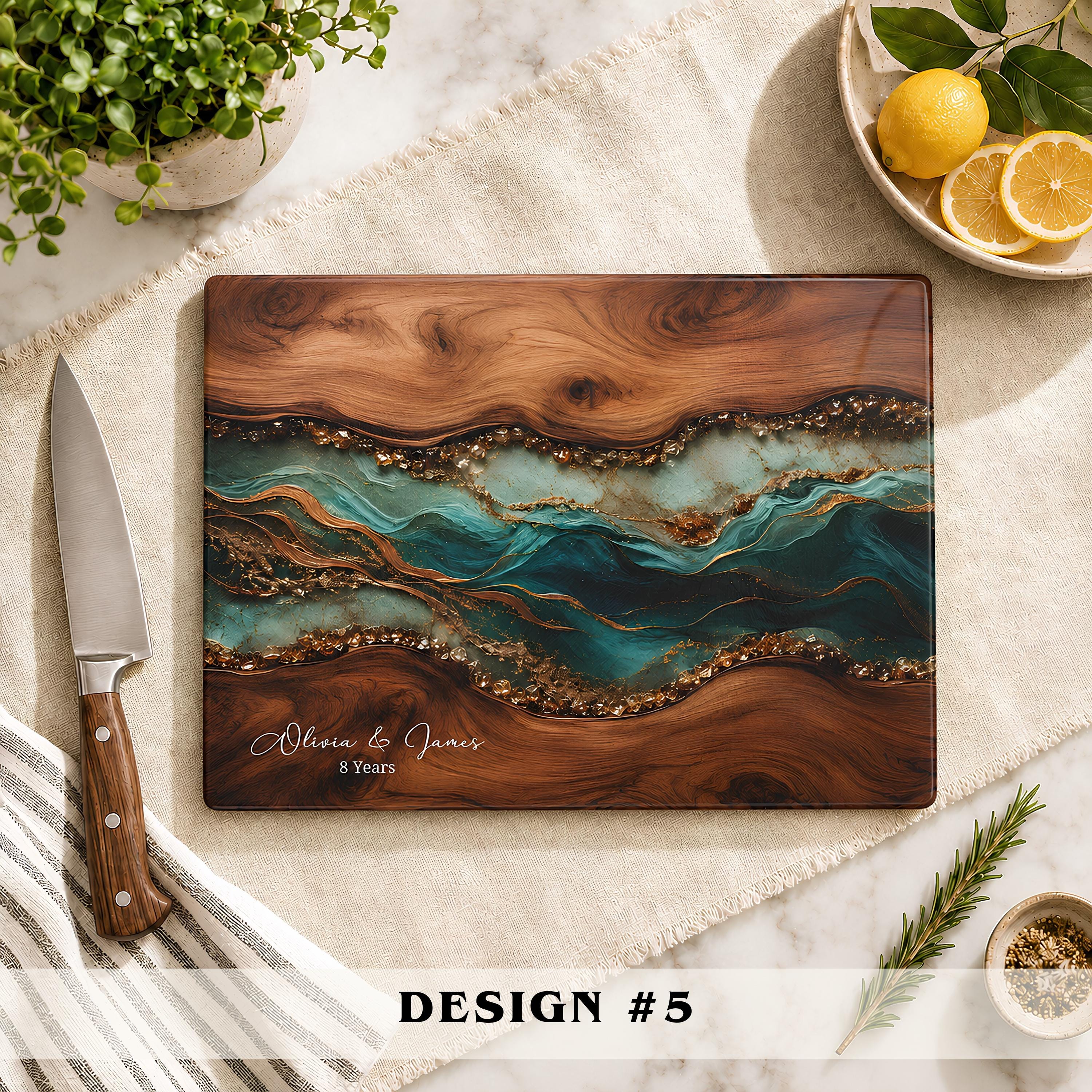 Personalized Glass Cutting Board, Wood Resin Geode Style, Custom