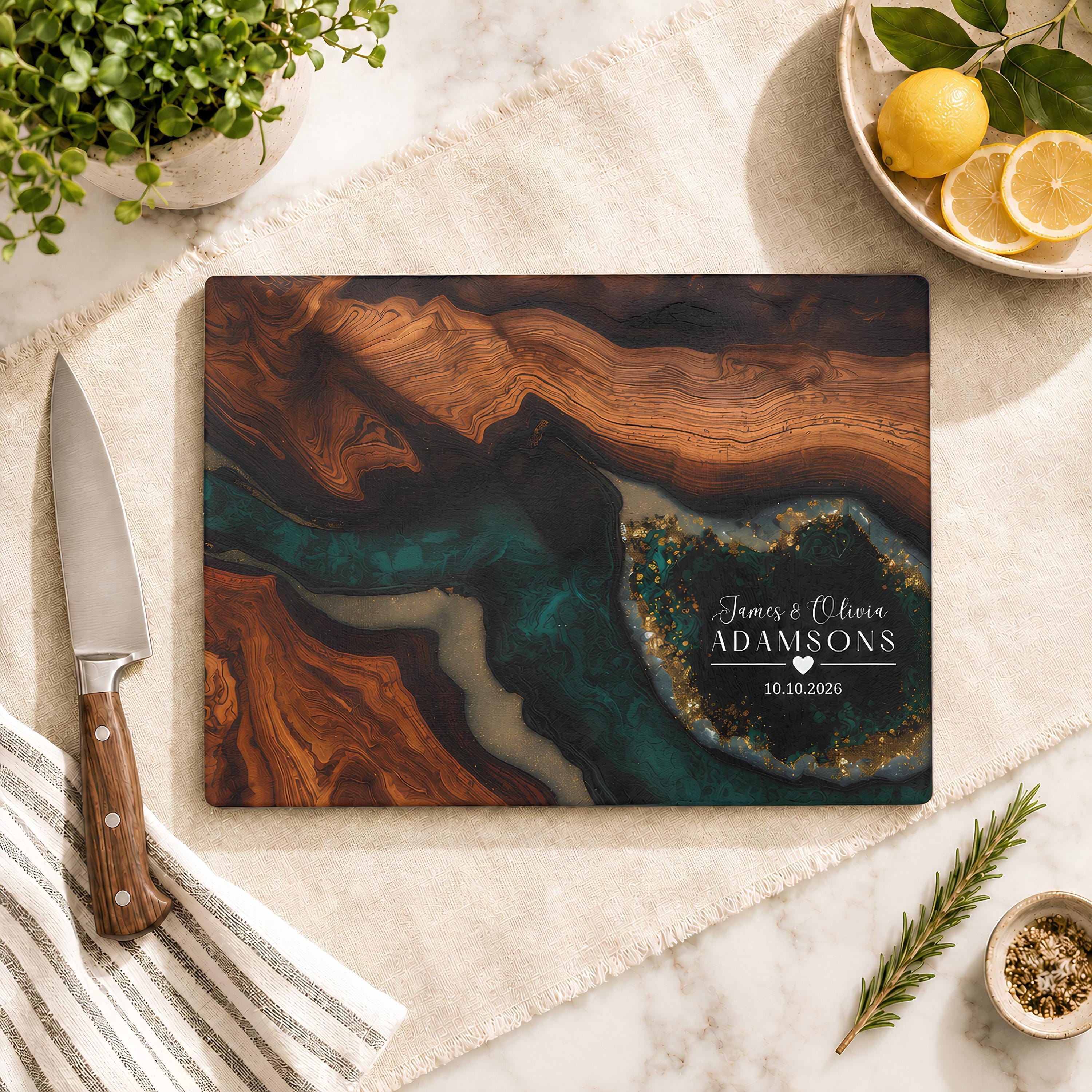 Personalized Glass Cutting Board, Wood Resin Geode Style, Custom