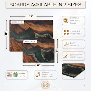 May include: Two rectangular tempered glass cutting boards with a wood grain and teal resin river design. The large board measures 11 inches by 15 inches, and the small board measures 8 inches by 11 inches. Features include non-slip rubber feet.